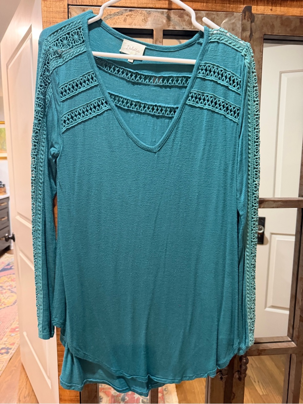 Deletta Teal V-Neck Long Sleeve Crochet-Trim Top
